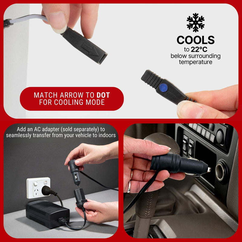 Top image shows hands connecting cords on a light gray background with text reading "COOLS to 22°C below surrounding temperature" and "MATCH ARROW TO DOT FOR COOLING MODE." Bottom two images show hands plugging the power cord into an indoor wall outlet and a 12V car outlet. Text above the indoor image reads "Add an AC adapter (sold separately) to seamlessly transfer from your vehicle to indoors"
