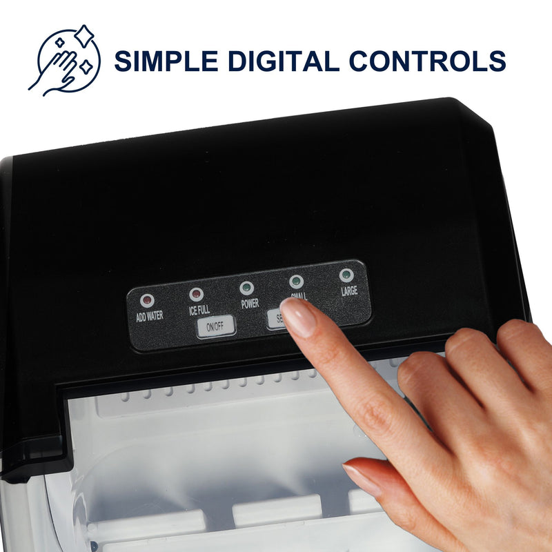 Closeup of top of ice maker showing the digital controls and LED indicators with a person's finger touching a button. Text above reads, "Simple digital controls"