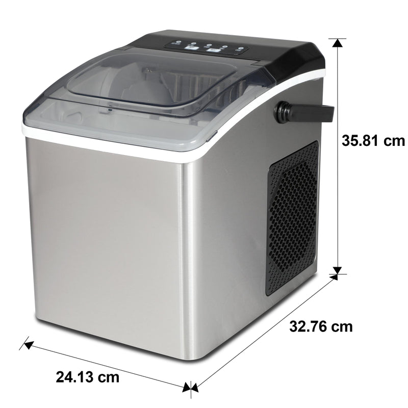 Portable stainless steel ice maker on white background with dimensions labeled