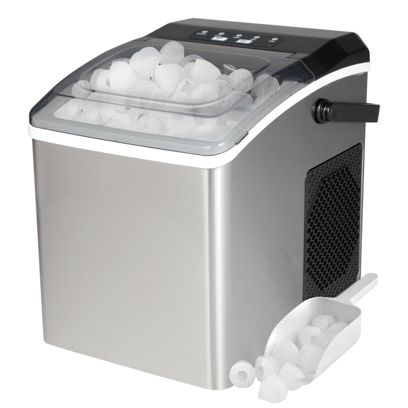 Stainless steel automatic ice maker filled with ice cubes with a clear plastic scoop of ice cubes beside it on a white background