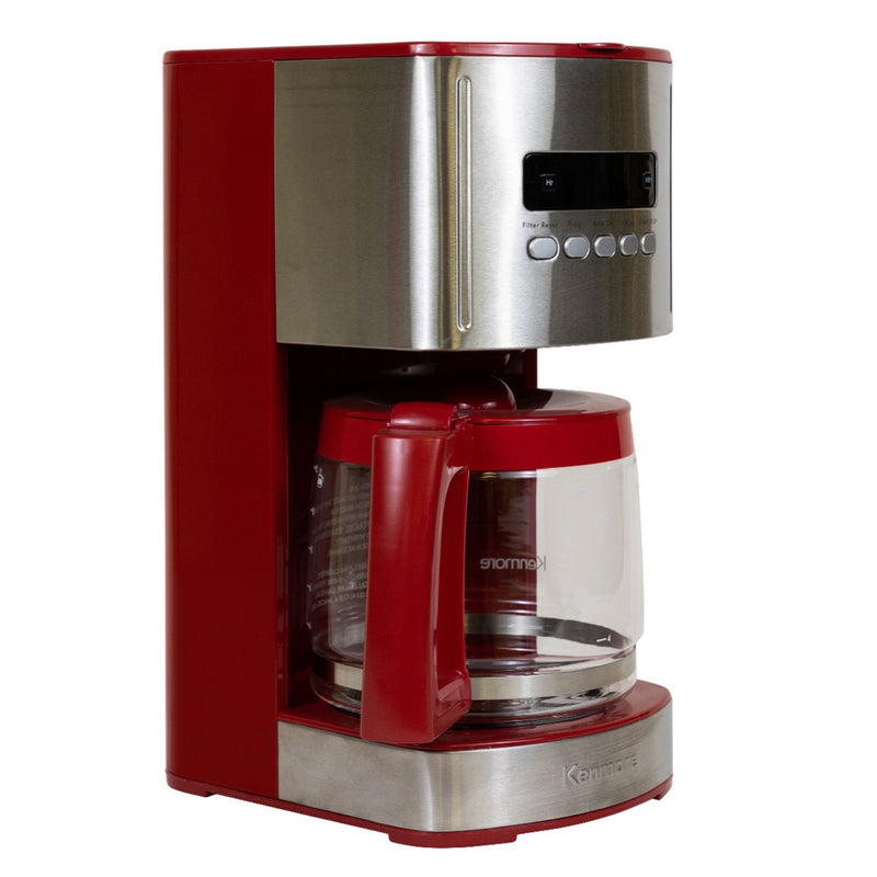 Kenmore Aroma Control 12-Cup Programmable Coffee Machine, Red and Stainless Steel Drip Coffee Machine, Glass Carafe, Reusable Filter, Timer, Digital Display Charcoal Water Filter, Regular or Bold