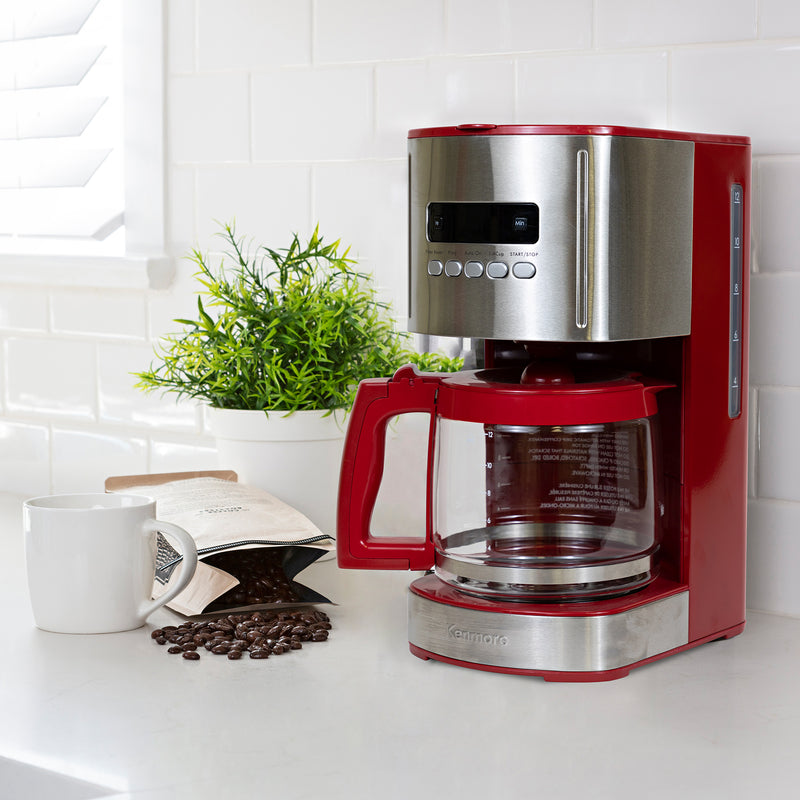 Kenmore Aroma Control 12-Cup Programmable Coffee Machine, Red and Stainless Steel Drip Coffee Machine, Glass Carafe, Reusable Filter, Timer, Digital Display Charcoal Water Filter, Regular or Bold