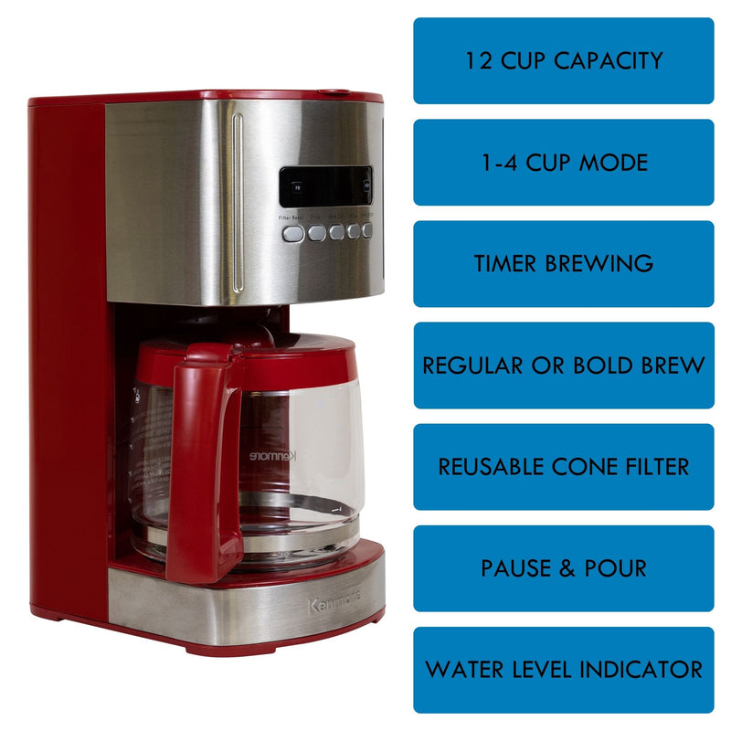 Kenmore Aroma Control 12-Cup Programmable Coffee Machine, Red and Stainless Steel Drip Coffee Machine, Glass Carafe, Reusable Filter, Timer, Digital Display Charcoal Water Filter, Regular or Bold