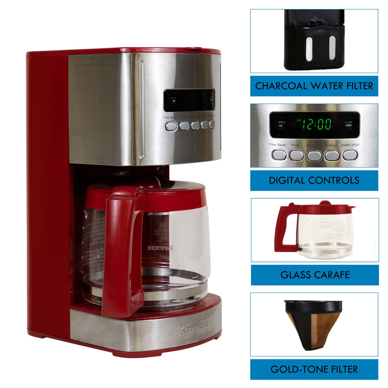 Kenmore Aroma Control 12-Cup Programmable Coffee Machine, Red and Stainless Steel Drip Coffee Machine, Glass Carafe, Reusable Filter, Timer, Digital Display Charcoal Water Filter, Regular or Bold