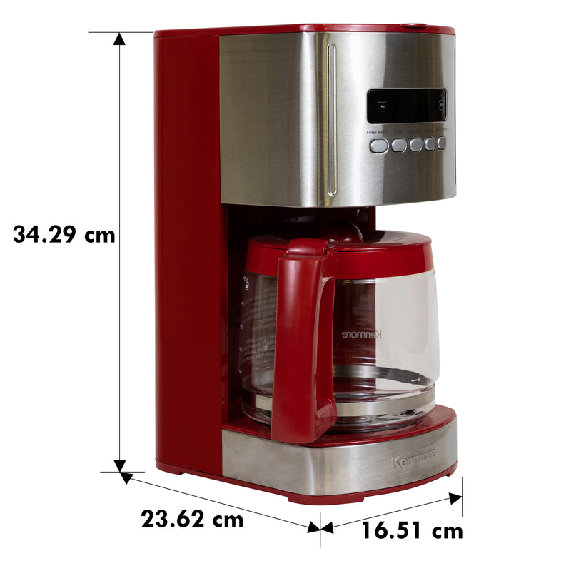 Kenmore Aroma Control 12-Cup Programmable Coffee Machine, Red and Stainless Steel Drip Coffee Machine, Glass Carafe, Reusable Filter, Timer, Digital Display Charcoal Water Filter, Regular or Bold