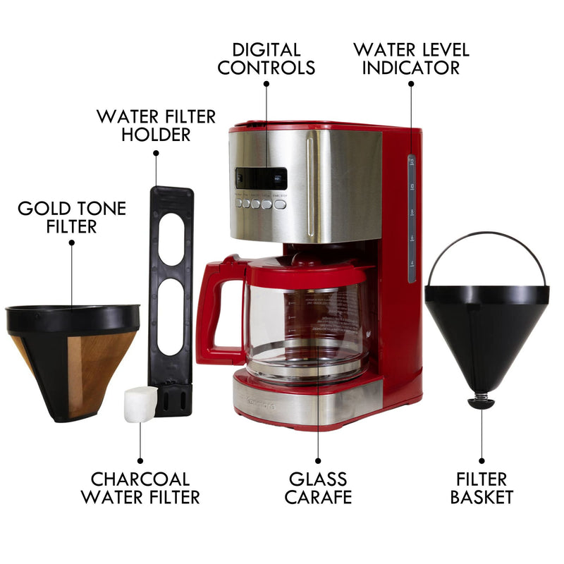 Kenmore Aroma Control 12-Cup Programmable Coffee Machine, Red and Stainless Steel Drip Coffee Machine, Glass Carafe, Reusable Filter, Timer, Digital Display Charcoal Water Filter, Regular or Bold