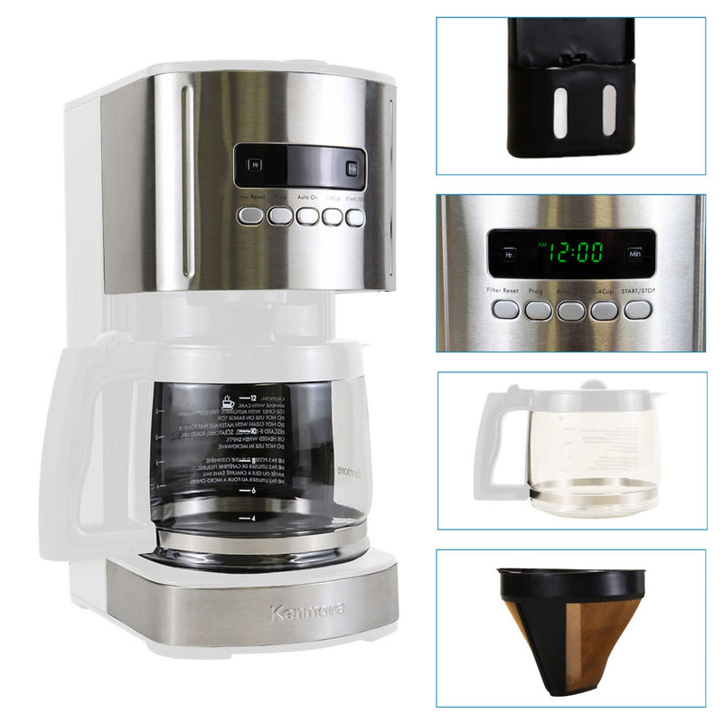 Kenmore Aroma Control 12-Cup Programmable Coffee Machine, White and Stainless Steel Drip Coffee Machine, Glass Carafe, Reusable Filter, Timer, Digital Display Charcoal Water Filter, Regular or Bold