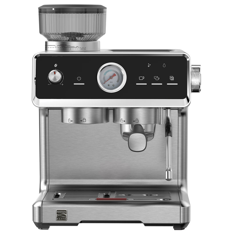 Kenmore Elite auto-tamping espresso machine with grinder on a white background