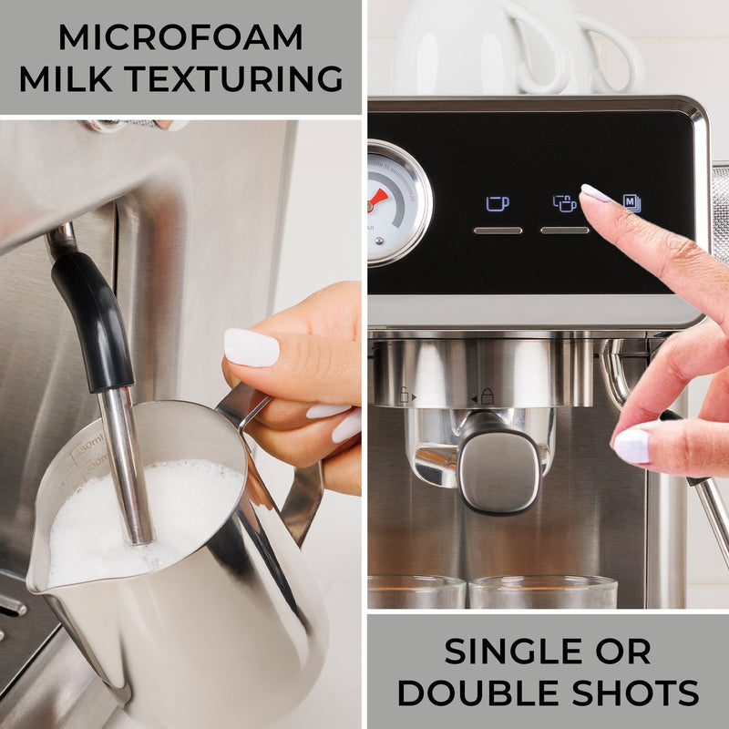 On the left is a closeup of a hand holding the stainless steel milk frothing pitcher, filled with foamed milk, up to the steam wand. Text above reads, "Microfoam milk texturing." On the right is a closeup of a person's finger touching the double shot button on the control panel with text below reading, "Single or double shots."