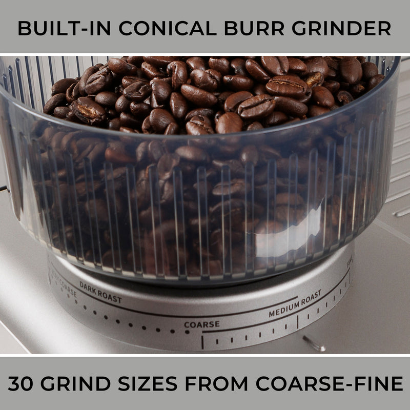 Closeup image of the built-in grinder with the bean hopper filled with whole coffee beans and the grind size selector visible. Text above reads, "Built-in conical burr grinder," and text below reads, "30 grind sizes from coarse-fine."