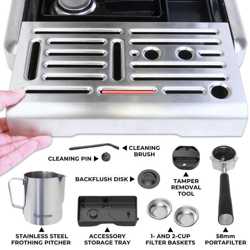 Closeup image of a hand pulling out the drip tray of the Kenmore Elite self-tamping espresso machine to reveal the accessory storage tray with pictures of each individual accessory, labeled, on a white background below.