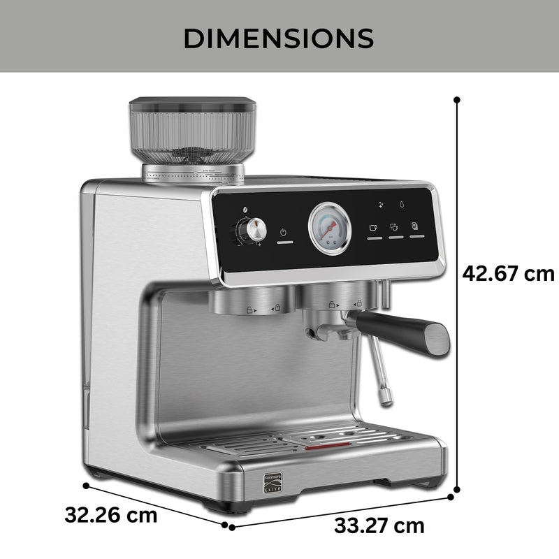 Kenmore Elite auto-tamping espresso machine with grinder and frother on a white background with dimensions labeled