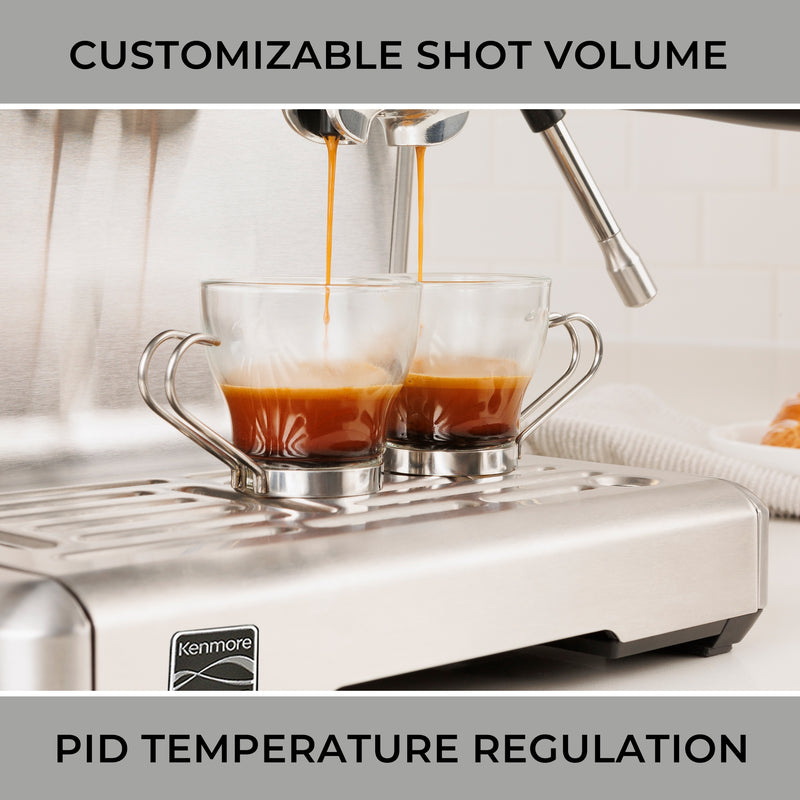 Closeup of espresso flowing from the portafilter spouts into two clear glass cups. Text above reads, "Customizable shot volume," and text below reads, "PID temperature regulation."