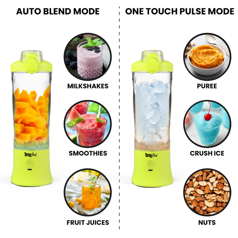 Left half shows a product shot on white background of the Total Chef personal USB blender with the LED indicators glowing green. Text above reads, "Auto blend mode," and three inset images to the right, labeled, show a creamy pale purple milkshake, a bright pink smoothie, and orange fruit juice. Right half shows the blender with LED indicators glowing yellow, text above reading, "Pulse mode," and three inset images labeled, "puree," "crush ice," and "nuts."